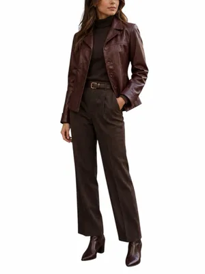 Cache Leather Jacket 10 Burgundy Fitted Button Front Y2K Retro Blazer Maroon thumbnail 12