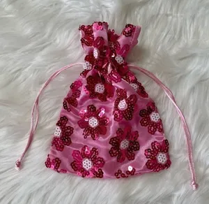 Pouch Pink Satin Sequin Drawstring Floral thumbnail 1