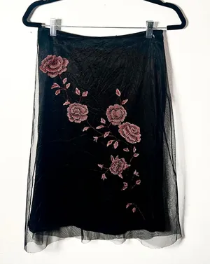 VTG Y2K Black Mesh Midi Skirt Sz‎ 6 Fairycore Gothic Floral Indie Sleaze 2000s thumbnail 1