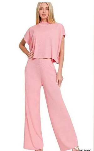 Sweater Short Sleeve Ribbed Two Piece Set Pink Size L thumbnail 1