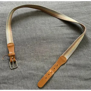 Vintage Striped Woven Belt Brown Faux Leather Trim Silver Buckle Size 34 thumbnail 1