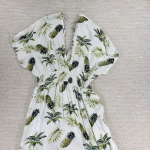 Blue Island Tropical Maxi Dress Sz L Pineapple Palm Print Rayon Tiered Open Back thumbnail 6