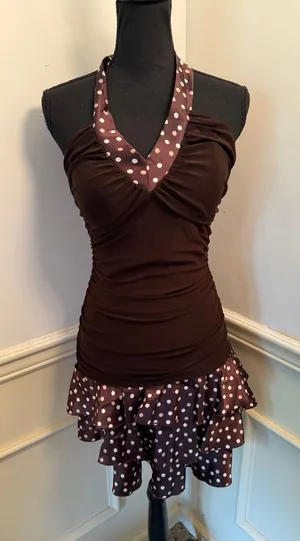 Vintage Y2K Taboo Brown Polka Dot Halter Ruffle Mini Dress Whimsygoth Fairycore thumbnail 1