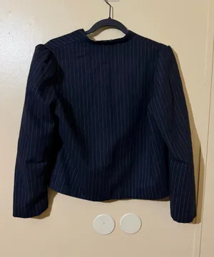 Women's Navy Pinstripe One-Button Blazer, Lined, Long Sleeve, Classic Business thumbnail 4