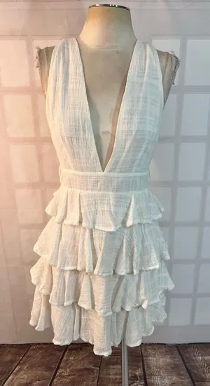 Saints & Secrets White Plunging Neck Ruffle Tiered Sleeveless Mini Dress Medium thumbnail 1