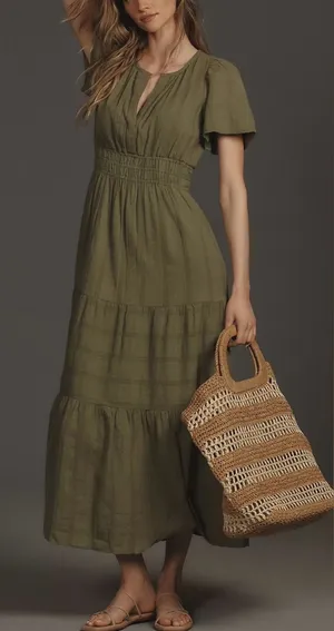 Anthropologie NWT Somerset Tiered Maxi Dress Pockets in Moss Green Size XS NEW thumbnail 1