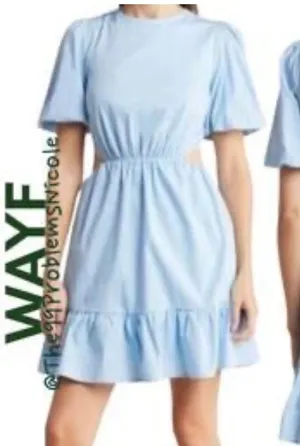 This WAYF puff sleeve wayf dress features a light blue color and side cutouts. thumbnail 1