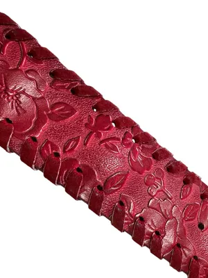 Red Floral Embossed Leather Belt Whipstitch Edges Silver Buckle Wide thumbnail 7