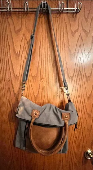 Mona B Gray Canvas Shoulder Bag with Brown Leather Handles thumbnail 1