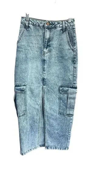 Love, Fire Sz 1 Denim Blue Cargo Maxi Pocket Boho Skirt thumbnail 1