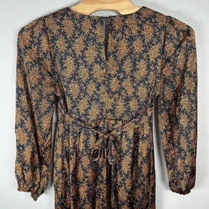 Lulus Floral Long Sleeve Satin V-neck Midi Dress Womens Size XL Navy Blue Orange thumbnail 5