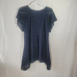 Boho Crochet Lace Open Knit Tunic Top Sz L Navy Blue Sharkbite Hem Cottagecore thumbnail 3