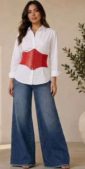 Corset Style Wide Girdle‎ Red Fashion Elastic Faux Leather Skinny Elastic Waist thumbnail 1