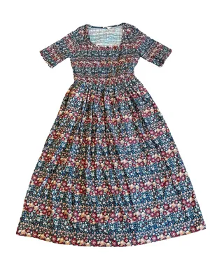 Ivy City Co Navy Burgundy Floral Smocked Midi Dress Boho Chic Day Medium Women's thumbnail 1