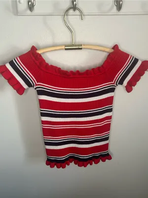 Almost Famous Y2K Striped Off the Shoulder Ribbed Knit Sweater Crop Top thumbnail 10
