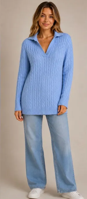 L.L.Bean Blue Cable Knit Collared V Neck 100% Cotton Sweater Heritage Classic‎ thumbnail 1