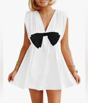 NEW Cotton Sleeveless Mini Dress Casual V Neck Bowknot Loose Babydoll Dress S thumbnail 1