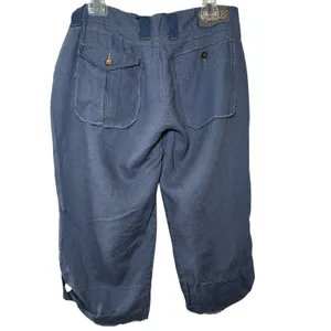Y2K Linen Cargo Capri Blue Utility Boho Cropped Pants Sz L Button‎ Fly Wide Leg thumbnail 3