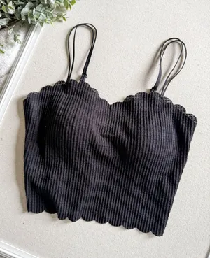 Boutique Black Ribbed Crop Cami Lace Trim Double Strap Bralette Tank thumbnail 1