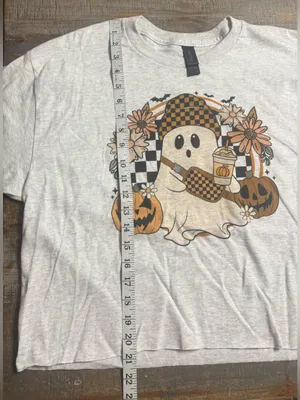 Gildan Light Gray Long Sleeve Cropped Ghost Graphic Tee with Orange Accents thumbnail 7
