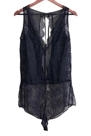 Victoria's Secret Black Scallop V Neck Back Tie Lingerie Romper Teddy Large thumbnail 1