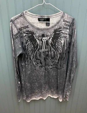 Harley Davidson Skull Wings Gray Acid Wash‎ Long Sleeve Top Womens L Biker thumbnail 1