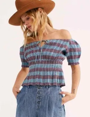 Free‎ People Turquoise Burgundy Plaid Smocked Off Shoulder Peplum Top XS thumbnail 1