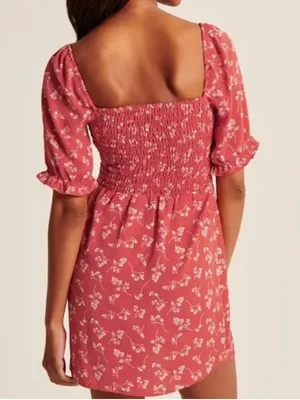 Abercrombie & Fitch Red Ditsy Smocked Floral Print Puff Sleeve Mini Dress thumbnail 2