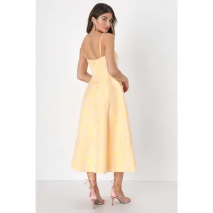 NWT Lulus Meet for Tea Yellow Jacquard Bustier Midi Dress With Pocket Wedding XS thumbnail 3