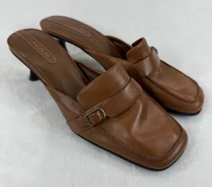 Enzo Angiolini Brown Leather Mules Heels Buckle Detail Square Toe Size‎ 8.5M thumbnail 1