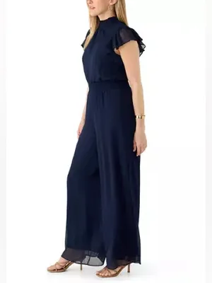 MSK Chiffon Smocked-Trim Flutter-Sleeve Wide-Leg Jumpsuit in Black, Size XL, NWT thumbnail 2
