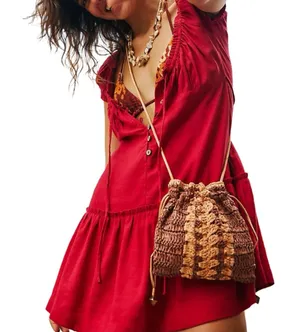 NWT Free People Heatwave Mini Crossbody Raffia Bucket Bag Tan Brown Boho thumbnail 1