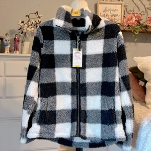 Sherpa Cozy Jacket Fluffy Zip Black White Buffalo Checkerboard Comfy Womens M thumbnail 4