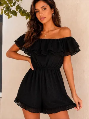 Lulus Frilled to Bits Black Swiss Dot Off-the-Shoulder Romper Size Small NWT thumbnail 1