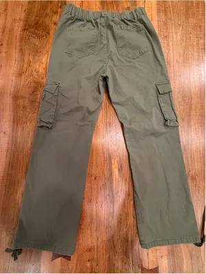 Olive Green Cargo Pants Women's Small Y2K Utility Parachute Pants Drawstring Hem thumbnail 4