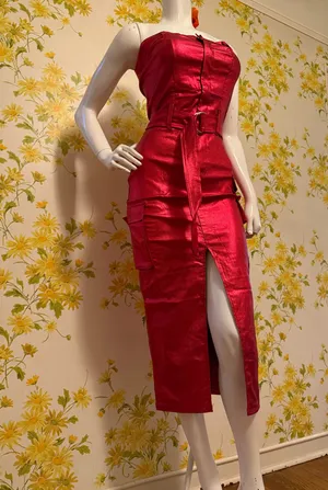 Metallic red strapless midi dress featuring a matching belt and a front slit thumbnail 2