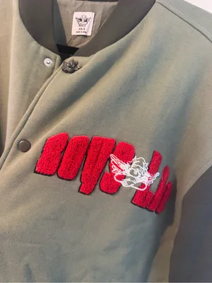 Boys Lie B Shock Olive Green Two-Tone Varsity Jacket with Red Patch thumbnail 8