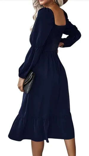 NEW Navy Blue Smocked Square Neck Puff Sleeve Ruffle Hem Dress Size XL thumbnail 3