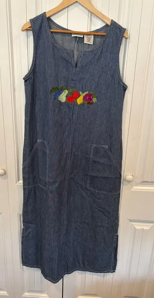 Faded glory blue and white stripe denim fruit embroidered midi dress size large thumbnail 1