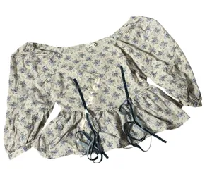 Bohme Floral Cottagecore Peplum Top Womens Large Blue Cream Puff Sleeve Smocked thumbnail 1