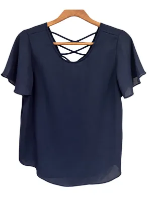 Pink Rose Navy Blue Flutter Sleeve Crisscross Back Sheer Blouse Top Size Medium thumbnail 1