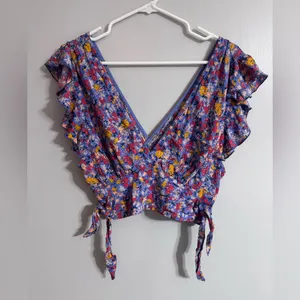 Free People Blue Purple Floral Ruffle Blouse Size Small thumbnail 3