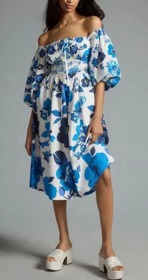 Tracy Reese Plenty by Off-the-shoulder Puff Sleeve Smocked Dress, S thumbnail 1