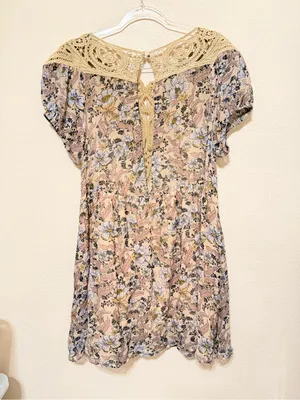Free People Margot babydoll mini dress, bohemian printed crochet detail sz M thumbnail 4