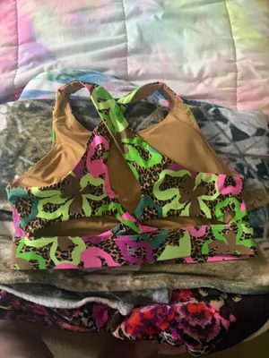Fabletics Neon Green Pink Brown Leopard Floral Sports Bra thumbnail 2