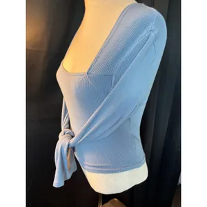 Long Sleeve Ribbed Square Neck Wrap Tie Top Dusty Blue Cropped Knit thumbnail 4