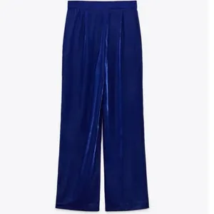 Zara Blue Velvet Velour High Waist Wide Flared Leg Crop Ankle Trousers Pants S thumbnail 12