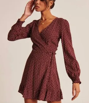 Abercrombie & Fitch Smocked Cuff Burgundy Wrap Dress Long Sleeve V-Neck XS thumbnail 1