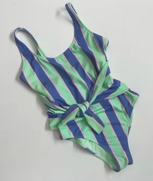 Fabletics Swimsuit Leotard Striped Tie Front Back Scoop Back Green Blue Pink thumbnail 1