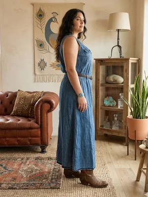 Ashley Stewart Denim Maxi Dress Size 16 NWT Bohemian Western Coastal Cowgirl thumbnail 2